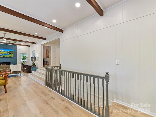 1278 Island Creek Dr, Troy, NC 27371 - hallway featuring beam ceiling, recessed lighting, an upstairs landing, wood finished floors, and a decorative wall