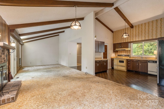 6 N Hudson Ln, Fletcher, NC 28732 - unfurnished living room featuring a sink, beamed ceiling, a fireplace, and high vaulted ceiling