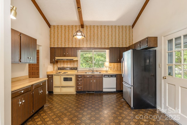 6 N Hudson Ln, Fletcher, NC 28732 - kitchen with electric range oven, white dishwasher, freestanding refrigerator, under cabinet range hood, and a sink