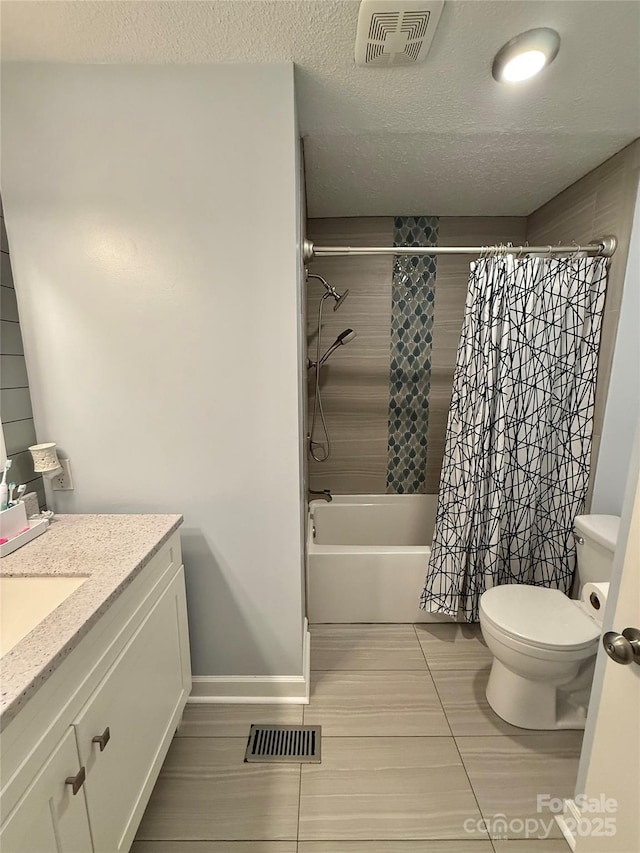 full bathroom featuring tile patterned floors, shower / bath combo, visible vents, and toilet
