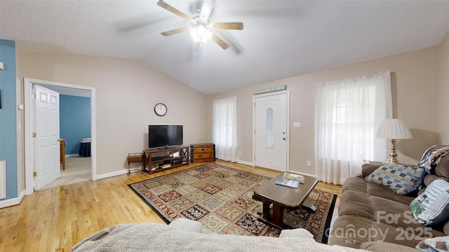 3124 Banks St, Lincolnton, NC 28092 - living area featuring lofted ceiling, ceiling fan, wood finished floors, and baseboards