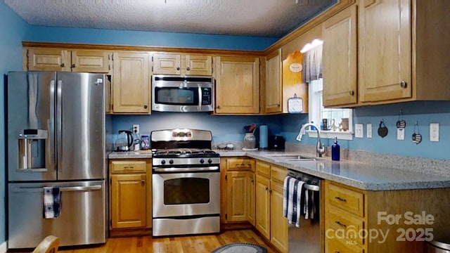 3124 Banks St, Lincolnton, NC 28092 - kitchen with stainless steel appliances, a sink, light wood-style flooring, light stone countertops, and a textured ceiling