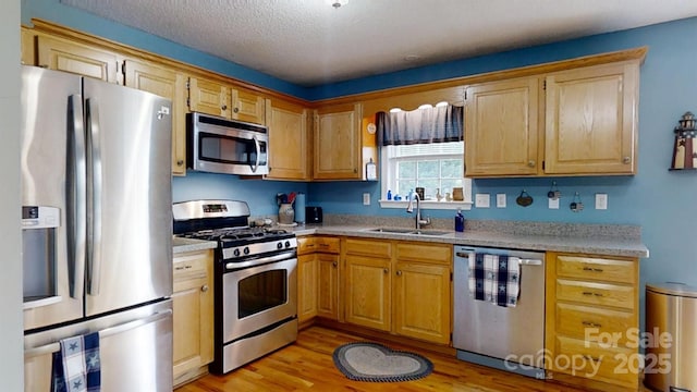 3124 Banks St, Lincolnton, NC 28092 - kitchen featuring stainless steel appliances, a sink, light wood-type flooring, light countertops, and a textured ceiling