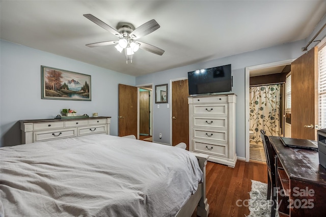 bedroom featuring dark wood-type flooring and ceiling fan