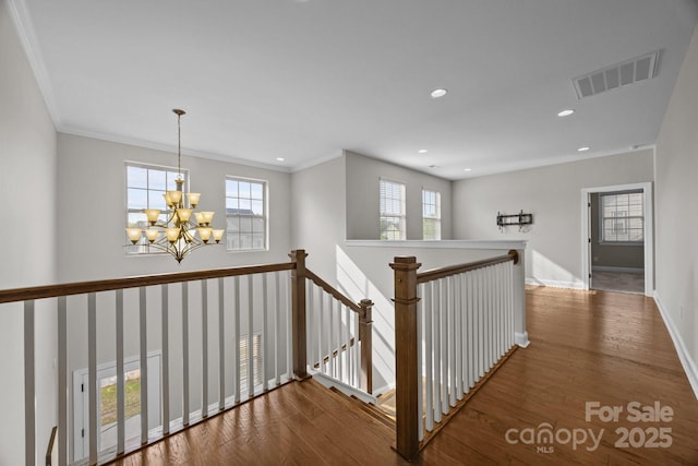 hall featuring crown molding, wood finished floors, a chandelier, a healthy amount of sunlight, and visible vents