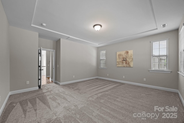 carpeted empty room featuring a wealth of natural light, visible vents, and a raised ceiling