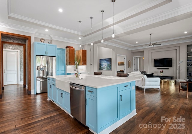 767 Pinnacle Dr, Iron Station, NC 28080 - kitchen with ceiling fan, blue cabinets, appliances with stainless steel finishes, a sink, and dark wood-style floors