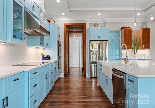 767 Pinnacle Dr, Iron Station, NC 28080 - kitchen featuring appliances with stainless steel finishes, a sink, light countertops, glass insert cabinets, and under cabinet range hood