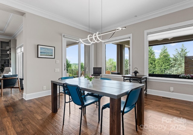 767 Pinnacle Dr, Iron Station, NC 28080 - dining space with visible vents, crown molding, baseboards, dark wood-style floors, and a notable chandelier