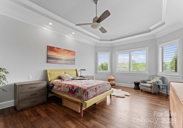 767 Pinnacle Dr, Iron Station, NC 28080 - bedroom featuring recessed lighting, a raised ceiling, ornamental molding, and dark wood finished floors
