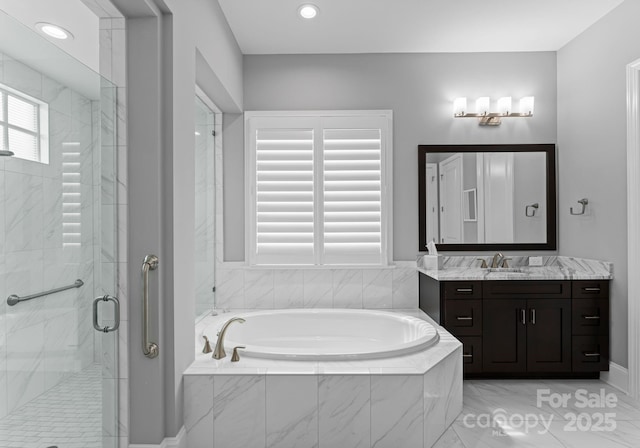 767 Pinnacle Dr, Iron Station, NC 28080 - full bath with vanity, recessed lighting, a bath, and a stall shower