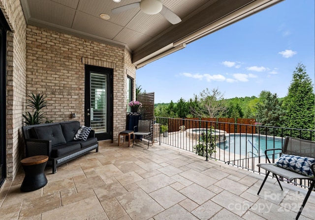 767 Pinnacle Dr, Iron Station, NC 28080 - view of patio / terrace featuring ceiling fan, an outdoor living space, and a pool with connected hot tub
