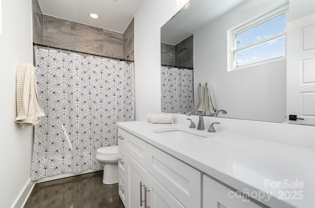 bathroom featuring vanity, recessed lighting, a shower with shower curtain, and toilet