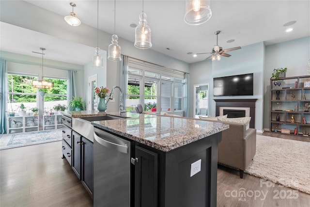 2124 Katie Alice Cir, Waxhaw, NC 28173 - kitchen with stainless steel dishwasher, ceiling fan, plenty of natural light, a fireplace, and recessed lighting