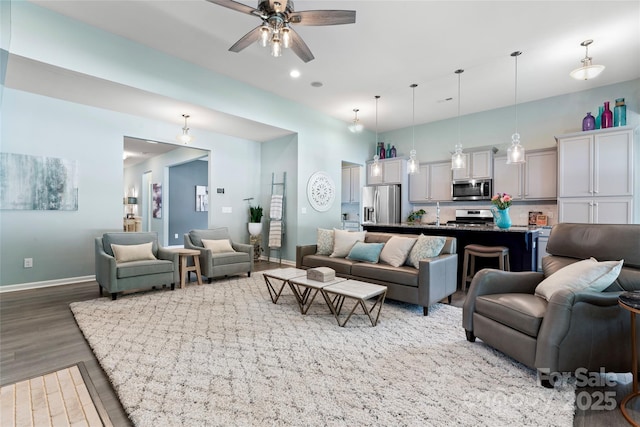 2124 Katie Alice Cir, Waxhaw, NC 28173 - living room with wood finished floors, ceiling fan, and recessed lighting