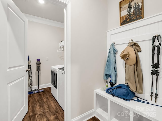 775 Summerfield Pl, Flat Rock, NC 28731 - mudroom with separate washer and dryer, ornamental molding, baseboards, dark wood-style flooring, and recessed lighting