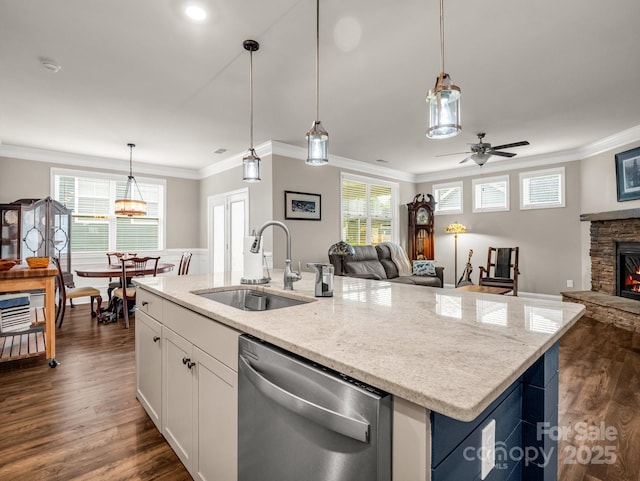 775 Summerfield Pl, Flat Rock, NC 28731 - kitchen with dishwasher, open floor plan, ornamental molding, and a sink