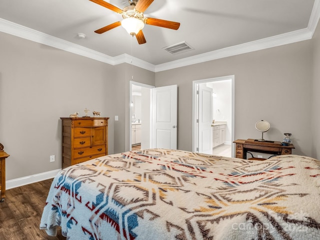 775 Summerfield Pl, Flat Rock, NC 28731 - bedroom featuring wood finished floors, connected bathroom, baseboards, ornamental molding, and visible vents