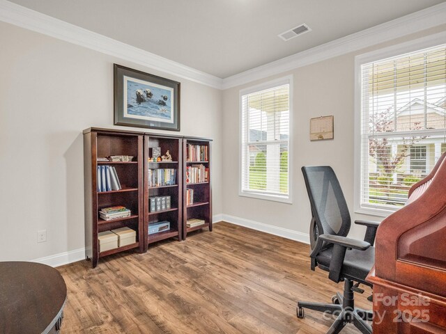 775 Summerfield Pl, Flat Rock, NC 28731 - office space featuring wood finished floors, visible vents, crown molding, and baseboards