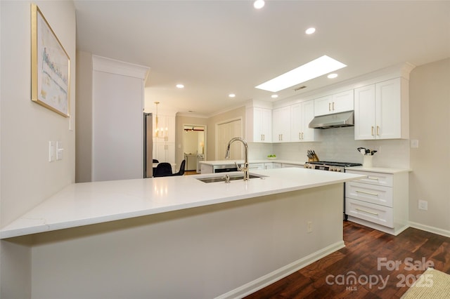 5916 Rexwood Pl, Charlotte, NC 28210 - kitchen with under cabinet range hood, a sink, a skylight, decorative backsplash, and a peninsula