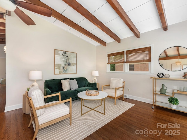 living room with lofted ceiling with beams, wood finished floors, baseboards, and ceiling fan