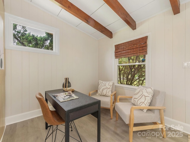 office area featuring a wealth of natural light, beam ceiling, and wood finished floors