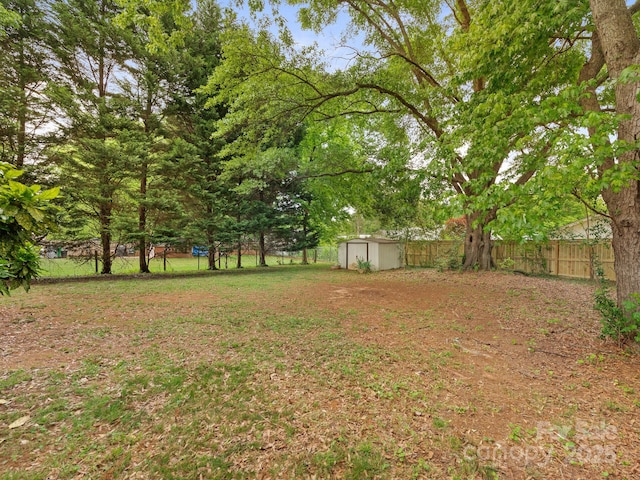 view of yard with a fenced backyard, an outbuilding, and a storage unit