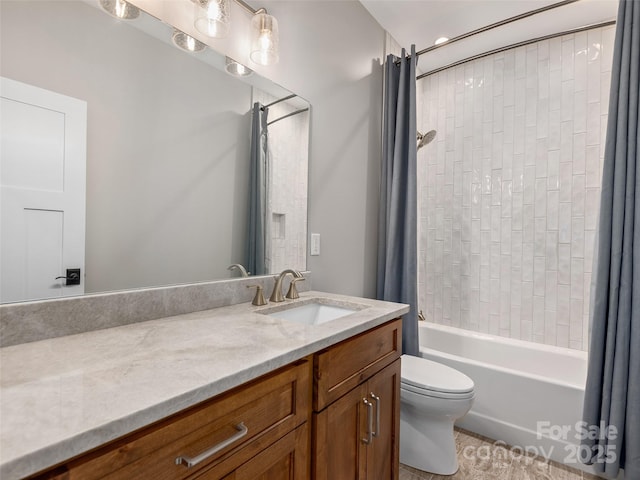 bathroom featuring toilet, shower / bathtub combination with curtain, and vanity