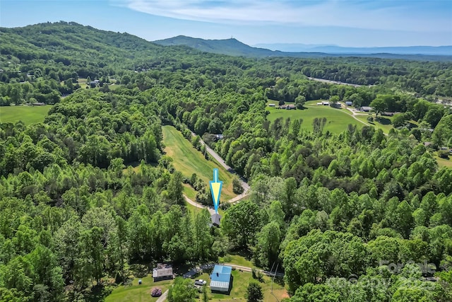 drone / aerial view with a mountain view and a wooded view