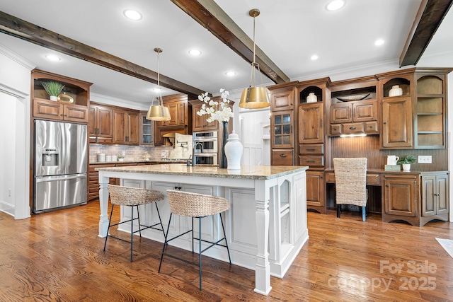 kitchen featuring decorative backsplash, open shelves, and stainless steel appliances