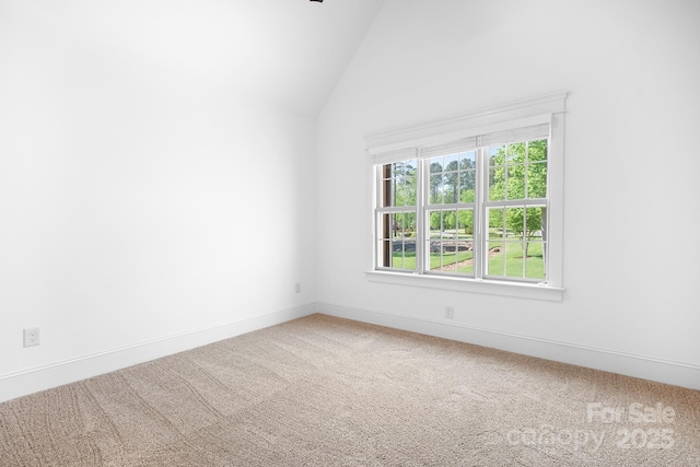 spare room with baseboards, carpet flooring, and lofted ceiling