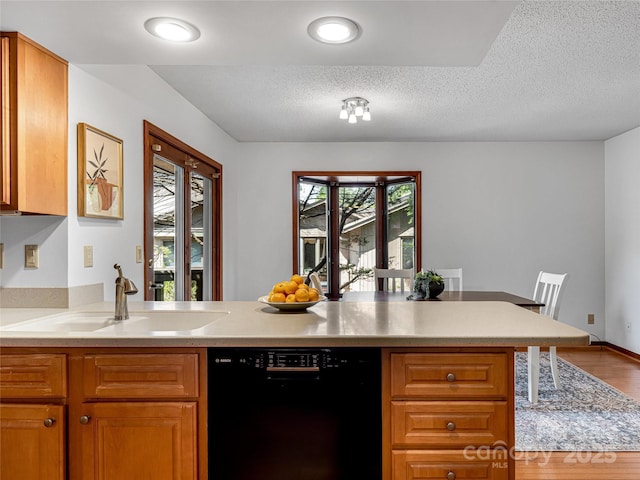 3 Governors Dr, Asheville, NC 28804 - kitchen featuring wood finished floors, black dishwasher, light countertops, a textured ceiling, and a sink