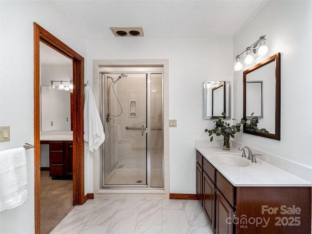 3 Governors Dr, Asheville, NC 28804 - bathroom featuring vanity, baseboards, a shower stall, and marble finish floor