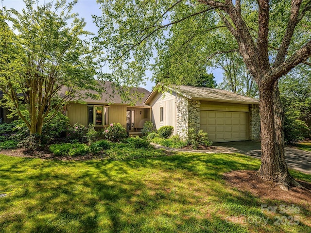 3 Governors Dr, Asheville, NC 28804 - ranch-style house with a garage, a front lawn, stone siding, a shingled roof, and concrete driveway