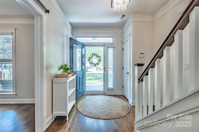 7409 Gilderstern Glen Ct, Huntersville, NC 28078 - entryway featuring stairs, dark wood-style flooring, baseboards, and visible vents