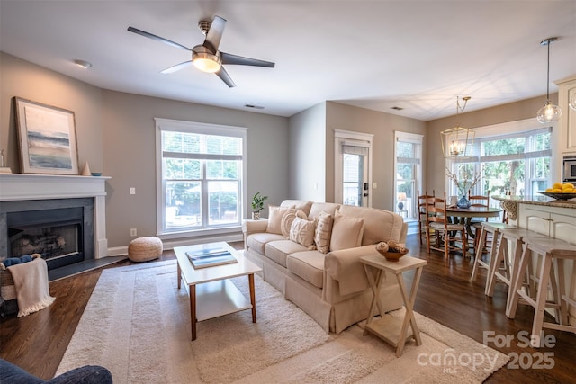 7409 Gilderstern Glen Ct, Huntersville, NC 28078 - living room featuring a healthy amount of sunlight, a fireplace with flush hearth, and wood finished floors