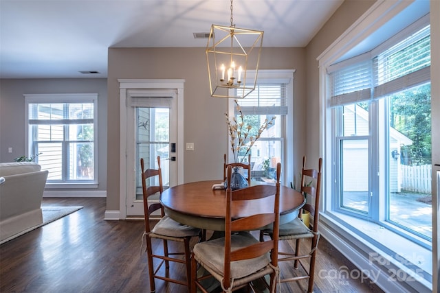 7409 Gilderstern Glen Ct, Huntersville, NC 28078 - dining room featuring a wealth of natural light, dark wood finished floors, visible vents, and a chandelier