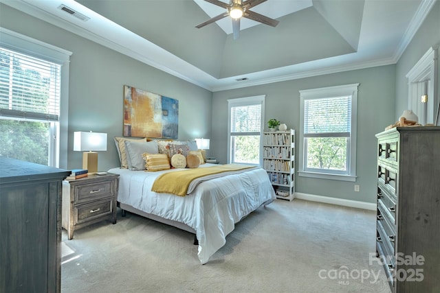 7409 Gilderstern Glen Ct, Huntersville, NC 28078 - bedroom with visible vents, a raised ceiling, baseboards, ornamental molding, and light carpet