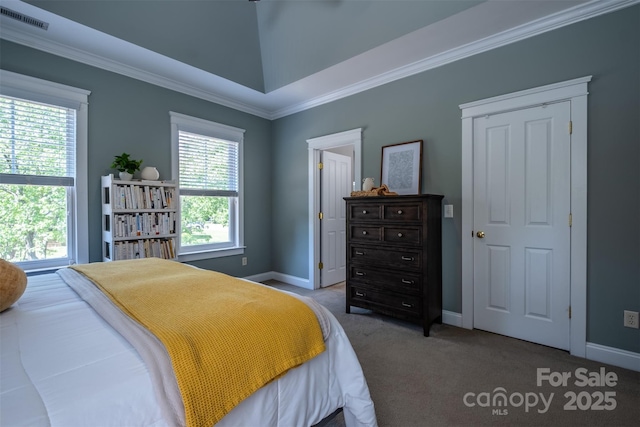 7409 Gilderstern Glen Ct, Huntersville, NC 28078 - carpeted bedroom with baseboards, visible vents, multiple windows, and ornamental molding