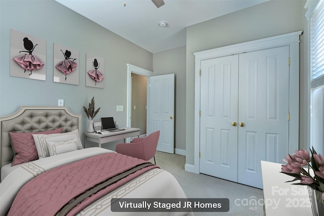 7409 Gilderstern Glen Ct, Huntersville, NC 28078 - bedroom with a ceiling fan, baseboards, light carpet, and a closet