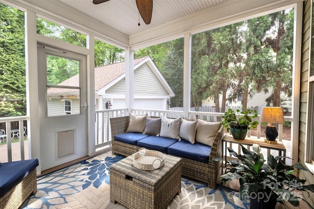 7409 Gilderstern Glen Ct, Huntersville, NC 28078 - sunroom with a ceiling fan, an outdoor living space, and a healthy amount of sunlight