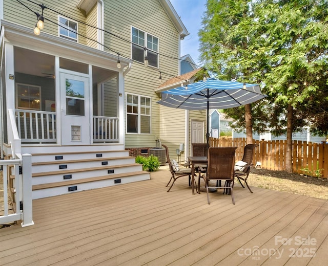 7409 Gilderstern Glen Ct, Huntersville, NC 28078 - wooden deck featuring fence, central AC unit, outdoor dining area, and a sunroom