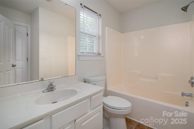 bathroom featuring vanity, shower / tub combination, tile patterned floors, and toilet