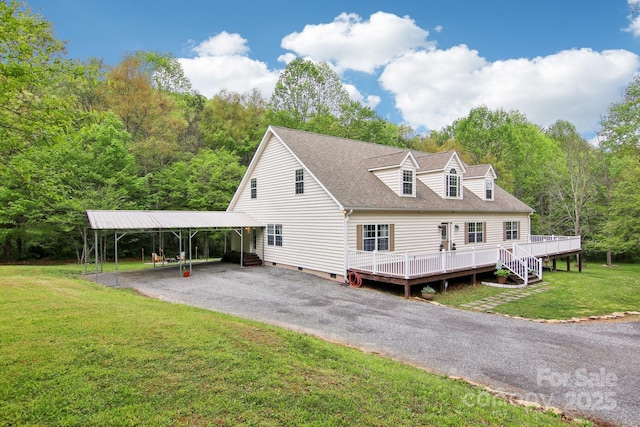 exterior space with a wooden deck, crawl space, a lawn, a carport, and gravel driveway
