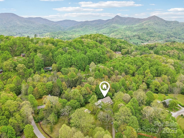 drone / aerial view featuring a forest view and a mountain view