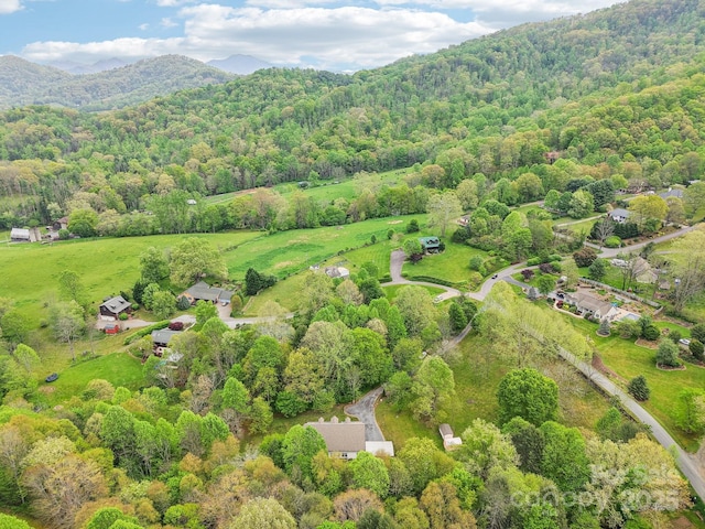 aerial view with a mountain view and a wooded view