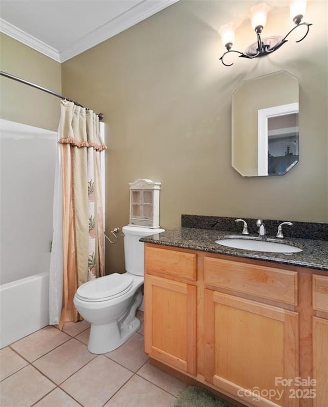full bath featuring tile patterned flooring, vanity, toilet, ornamental molding, and shower / bathtub combination with curtain
