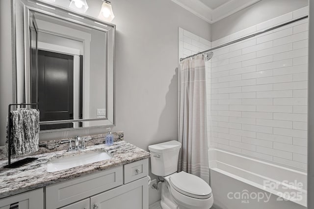 bathroom with shower / tub combo, crown molding, vanity, and toilet