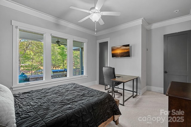 bedroom featuring light carpet, ornamental molding, and multiple windows