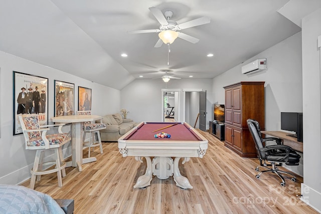 playroom with light wood-style floors, a wall mounted AC, pool table, ceiling fan, and lofted ceiling